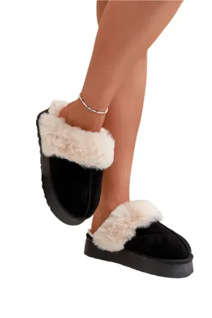 TEEK - Black Suede Fluff Middle Seam Slippers